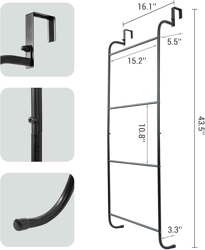 MyGift Black 4 Rung Metal Ladder Over The Door Towel Rack - Bathroom Towel Holder, Over Shower Door Drying Rack for Towels & Blankets