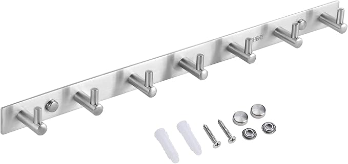 Towel Hook Rack Wall Mounted 17-Inch Coat Hanger with 7 Heavy Duty Hook, Easy to Install Rail for Bedroom, Bathroom, Foyer, Hallway, Garden, Office (304 Stainless Steel Brushed Nickel)