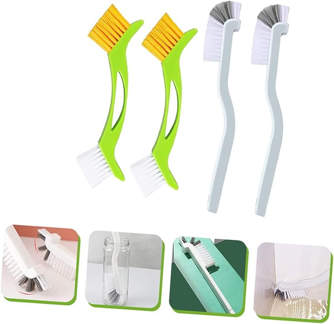 PartyKindom 4pcs Double Head Dish Washing Brush with Hard Bristles Curved Handle Tile Line and Grout Cleaner for Kitchen Sink and Bottle Deep Cleaning Space Saving Hanging Design