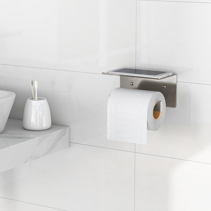Toilet Paper Holder with Phone Shelf, Brushed Nickel Toilet Paper Holder Wall Mount, Rustproof Stainless Steel Bathroom Storage