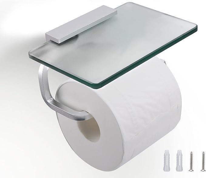 Toilet Paper Holder Bathroom Paper Toilet Roll Holder Hanger,Toilet Paper Holder with Shelf, Glassed Steel Frosted Silvery Lavatory Tissue Holder with Mobile Phone Storage Rack (Silvery)