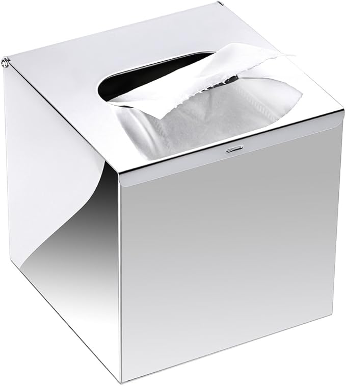 Sumnacon Square Stainless Steel Tissue Box Cover - Wall Mounted Stylish Paper Facial Cover, Modern Metal Tissue Box Holder for Bedroom/Bathroom/Vanity/Countertop/Dresser/Night Stand/Office/Car, Polish