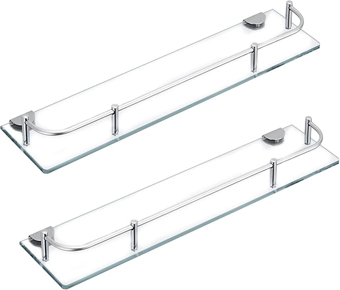 Glass Bathroom Shelves, Rectangular Tempered Glass Floating Shelves for Wall with 304 Stainless Steel Rail and Zinc Alloy Bracket, 2 Pack
