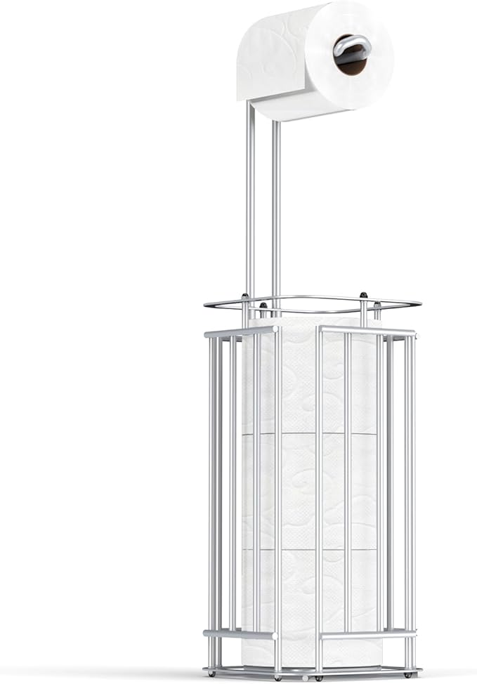 Meangood Toilet Paper Holder Stand, Square Tissue Paper Roll Dispenser for 4 Mega Rolls, Bathroom Free Standing Tissue Roll Storage Holder Rack (Silver)