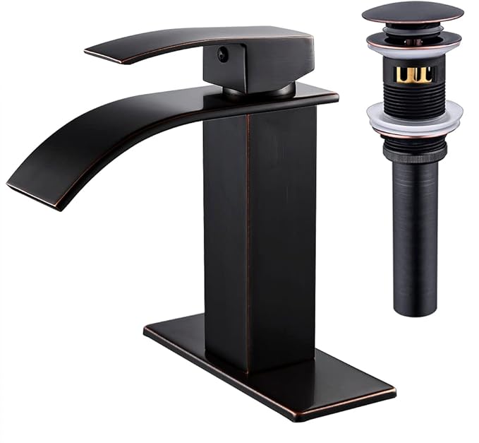 VOTON Bathroom Faucets Oil Rubbed Bronze Modern Waterfall Bathroom Sink Faucet Single Handle Bathroom Faucet for 1 or 3 Holes with Deck Plate and Pop-Up Drain, Rv Sink Camper Farmhouse Faucet