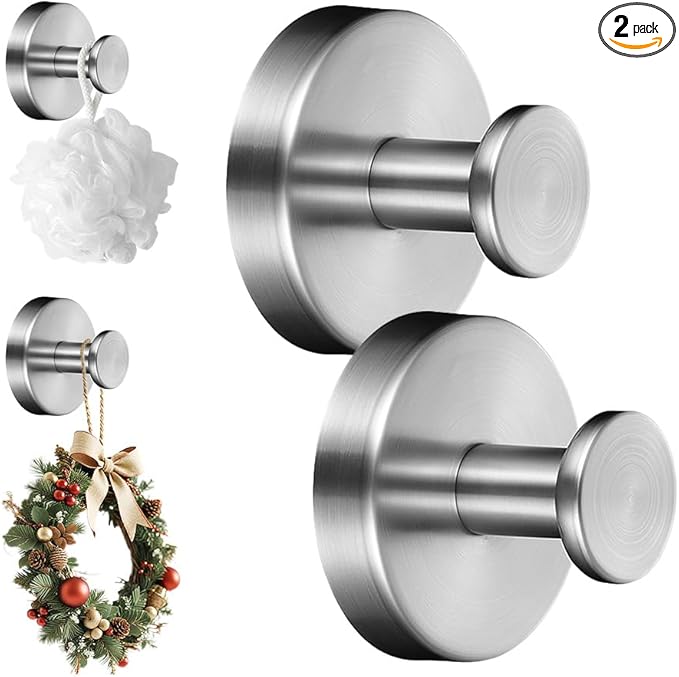 2 Packs Suction Cup Hooks for Wreaths on Glass, Waterproof No-Drill Shower Hooks for Towels, Robes, Coats, Wreaths,Wall Mount Hook for Bathroom, Kitchen and Wreath Hanger for Front Door (2pcs Sliver)