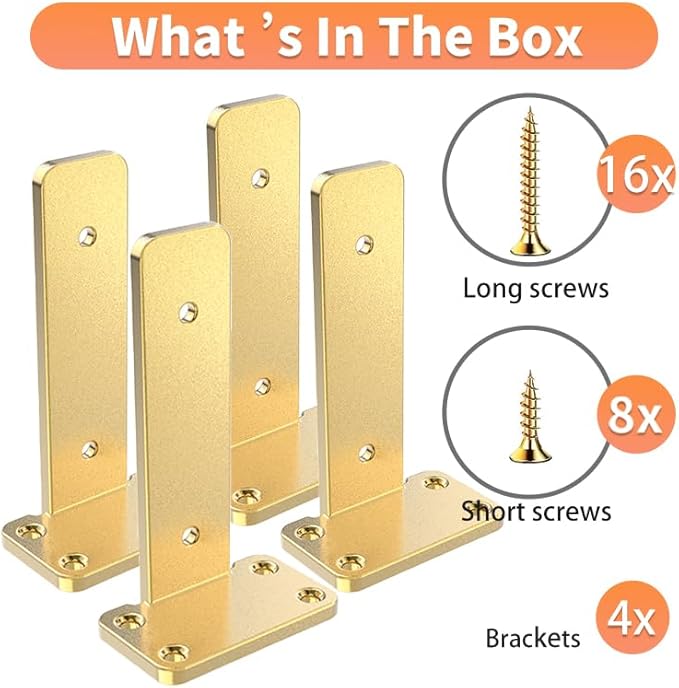 Floating Shelf Brackets Upgraded, 8 inch, Gold Heavy Duty Iron Shelf Brackets, Industrial Modern Floating Shelf Support for Wall Mount Shelves,Wide Brackets ,4 Pack, Support DIY(5mm Thickening Type).
