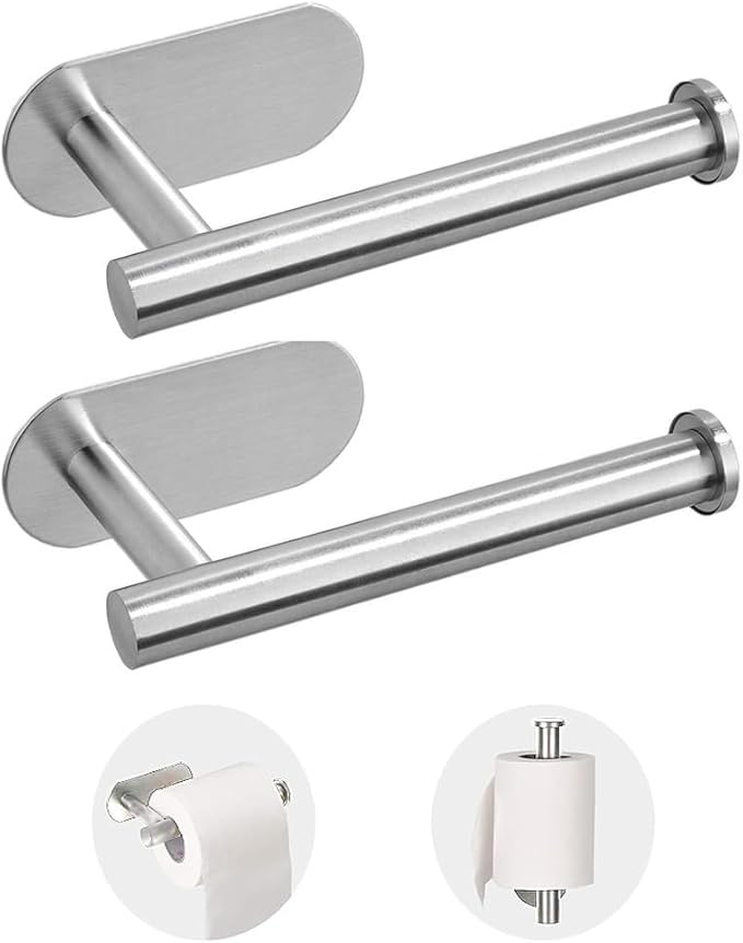 2 Pack Toilet Paper Holder Self Adhesive,Rustproof Adhesive Toilet Roll Holder No Drilling Tissue Holder for Kitchen Bathroom Tissue Holder Bathroom, Kitchen, Washroom Wall Mount （Silver