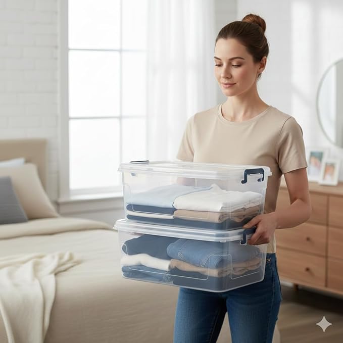 Tribello Clear Storage Bins with Lids, 6-Pack Stackable Plastic Storage Containers for Home Organization – Totes for Closet and Underbed Storage, 16 Quarts