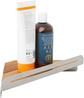 Seachrome Corner Shower Shelf in a Satin Finish with a Natural Teak Wood Insert