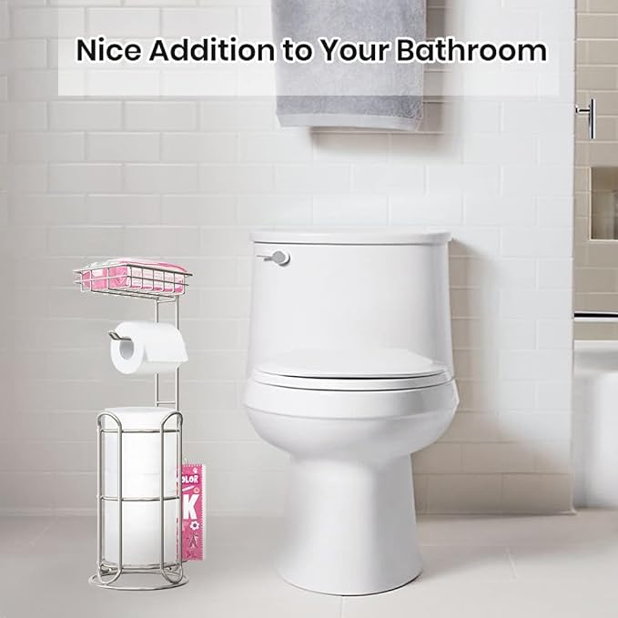 Mega Roll Toilet Paper Holder Stainless Steel Bathroom Tissue Holder Stand TP Dispenser with Phone/Wipe Shelf & Magazine Rack Free Standing-Chrome