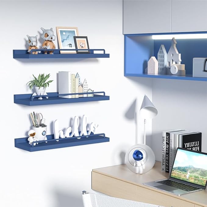 Floating Shelves, Bathroom Decor Shelves Over Toilet, Farmhouse Wall Shelves for Living Room, Bedroom, Picture Frames, Plants, Kitchen, Set of 3 (Dark Blue)