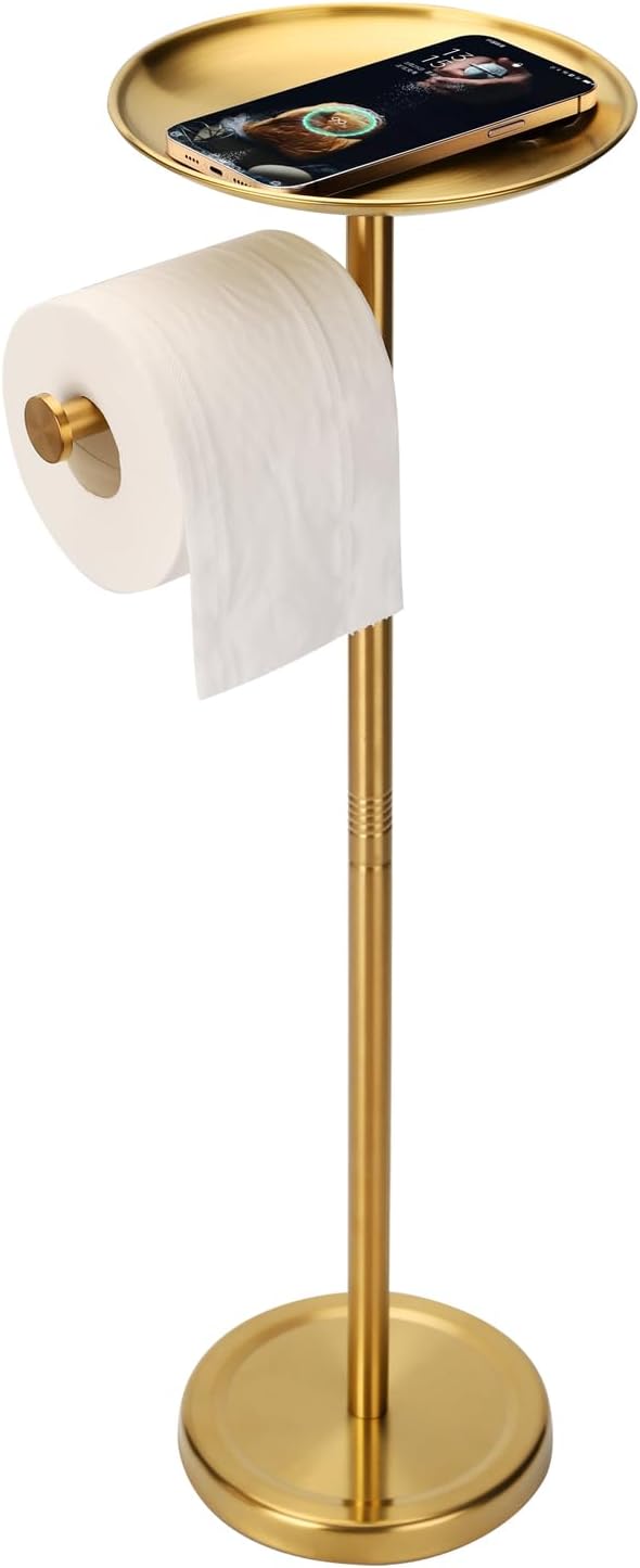 Tofix Freestanding Toilet Paper Holder with Shelf and Tray, Stainless Steel Base, Gold