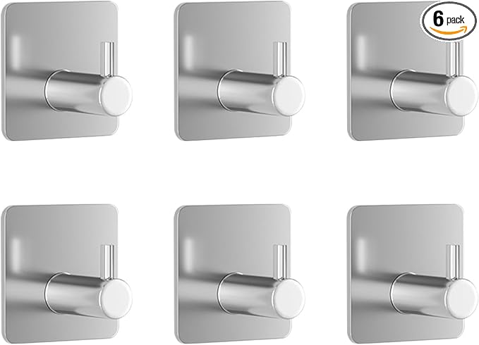 Miliocry 6 Packs Bathroom Towel Hooks, Adhesive Hooks Heavy Duty Wall Hook, Waterproof Stainless Steel Towel Hanger Robe Hat Coat Holder, Wall Mount Hooks for Bathroom,Bedroom,Kitchen(Silver-Square)