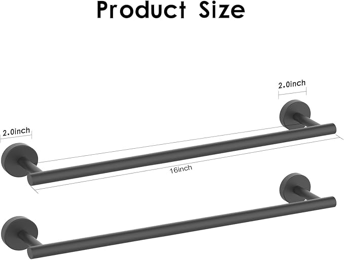 Newfun 16 Inch Matte Black Bathroom Towel Bar,2Pcs Towel Racks for Bathroom Rod Classic SUS304 Stainless Steel Bathroom Towel Holder Wall Mounted
