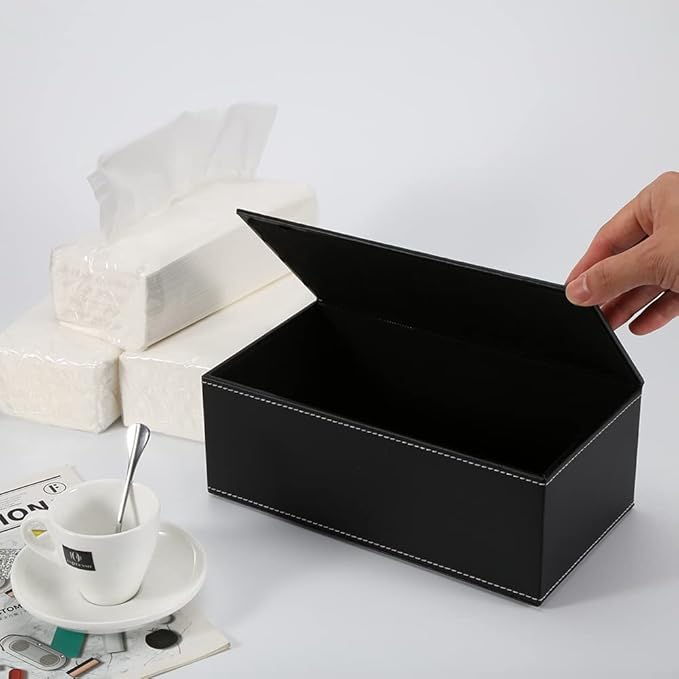 KINGFOM Rectangular PU Leather Tissue Box Cover - Facial Tissue Paper Napkin Holder for Bathroom, Home, Office, Car Automotive Decoration with Magnetic Bottom(Black)