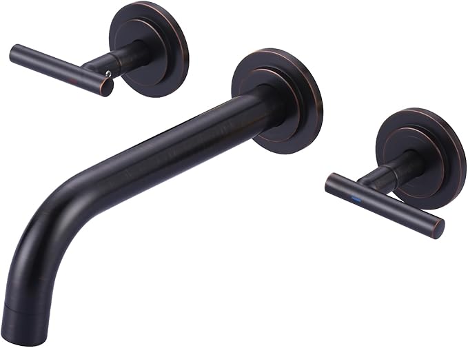 Wall Mount Bathroom Faucet:Oiled Rubbed Bronze Wall Faucet High Flow Two Handles Stainless Steels,Long Spout Reach,Widespread Bathroom Sink Faucet with Rough-in Valve 3 Holes Elegant Classic Spout