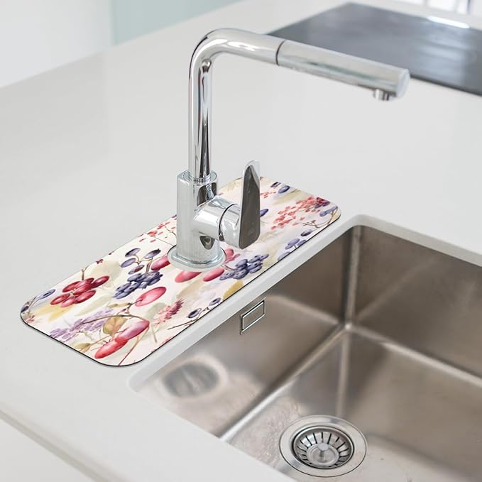 Watercolor Berry Cluster Kitchen Faucet Mat Splash Guard, 15.4”x5.7” Absorbent Quick Drying Sink Mat for Countertop Protection, Draining Mat Sink Protectors For Kitchen Bathroom, 1 Pack