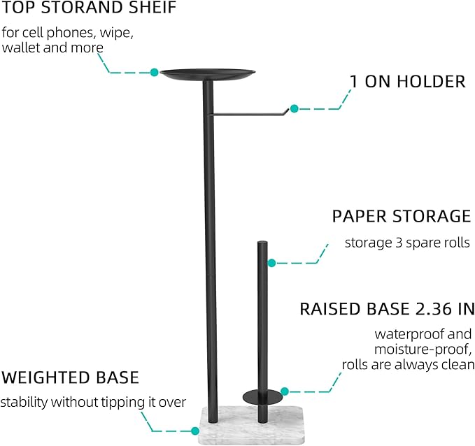 Toilet Paper Holder Stand for Bathroom Floor Standing Toilet Roll Dispenser Storages 4 Reserve Rolls, with Top Storage Shelf for Cell Phones, Wipe, Wallet and More(Marble Black)
