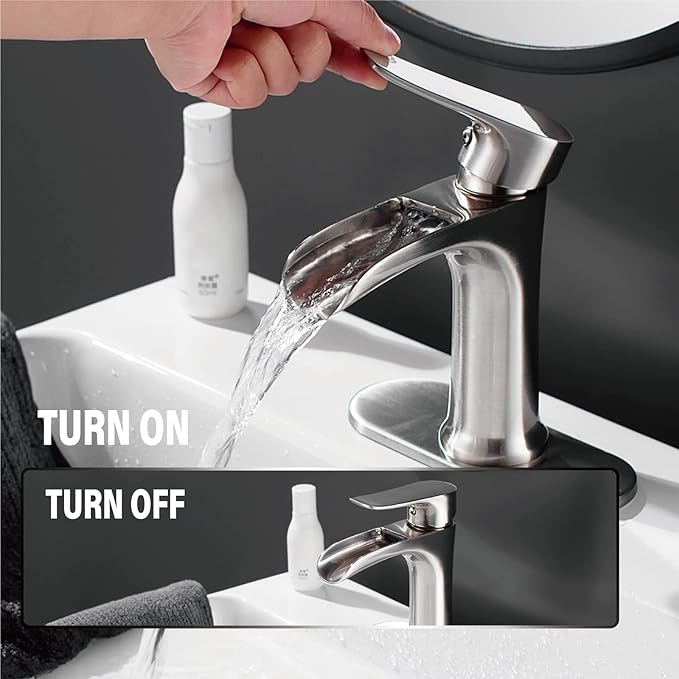 Yundoom Brushed Nickel Bathroom Faucet,Bathroom Sink Faucet,Waterfall Bathroom Faucet,Single Hole Or 3 Hole Bathroom Faucet with 4 Inch Deck Plate,Farmhouse Rv Brass Bathroom Faucet,BF01