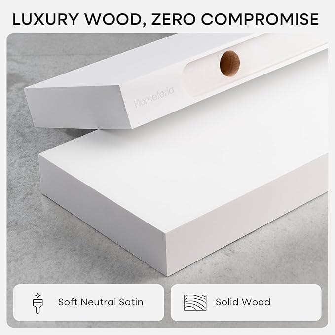 Homeforia White Floating Shelf 18 inch, High End Solid Real Wood 18inch Bathroom Floating Shelves for Wall Mounted, White Wooden 18in Floating Shelves, Heavy Duty Bracket, 18 X 6.5 X 1.75 in, Set of 3
