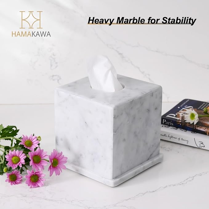 Natural Marble Tissue Box Cover, Carrara White Tissue Organizer 6 x 6 x 5.7 inch, Heavy Stone Decorative Box, Square Tissue Box Holder for Home Decor, Kitchen, Bathroom