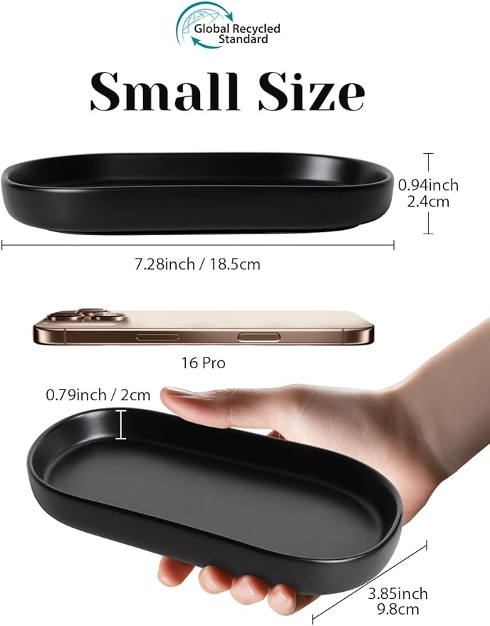 INGOFIN 7" Ceramic Bathroom Vanity Tray- Bathroom Organizer Countertop Tray for Perfume, Jewelry, Candles, Small Kitchen Counter Soap Tray, Decorative for Bathroom Vanity, Toilet Tank, Black