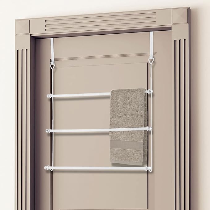 MyGift White Metal 3-Tier Over The Door Towel Rack - Bathroom Door Towel Holder, Over Shower Door Drying Rack for Small Spaces