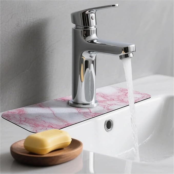 Kitchen Sink Splash Guard，pink white marble Faucet Mat Sink Gadgets-Super Absorbent Fast Drying Mat Drip Catcher for Kitchen, Bathroom,Sink Mat, Dish Drying Mat, Bathroom(15" X 5.5" )