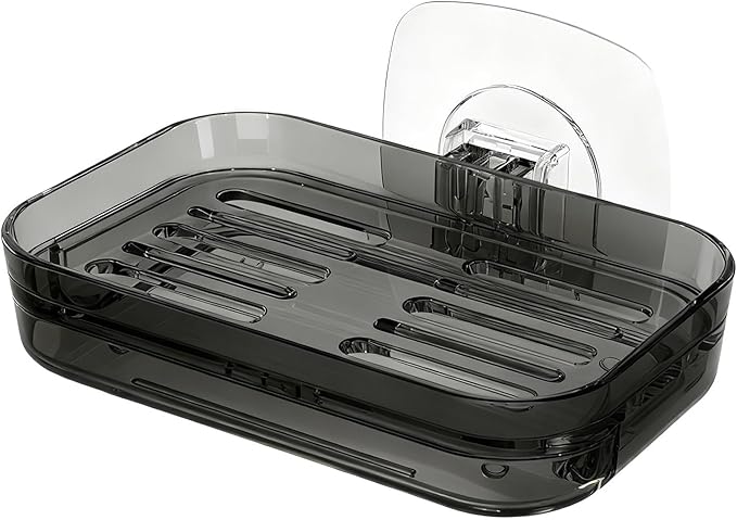 Soap Dish for Shower Semi-Transparent Gray with Self-Draining Design - No Drilling Required Strong Adhesive Mount for RV Bathroom and Kitchen Easy to Clean（Transparent Gray）