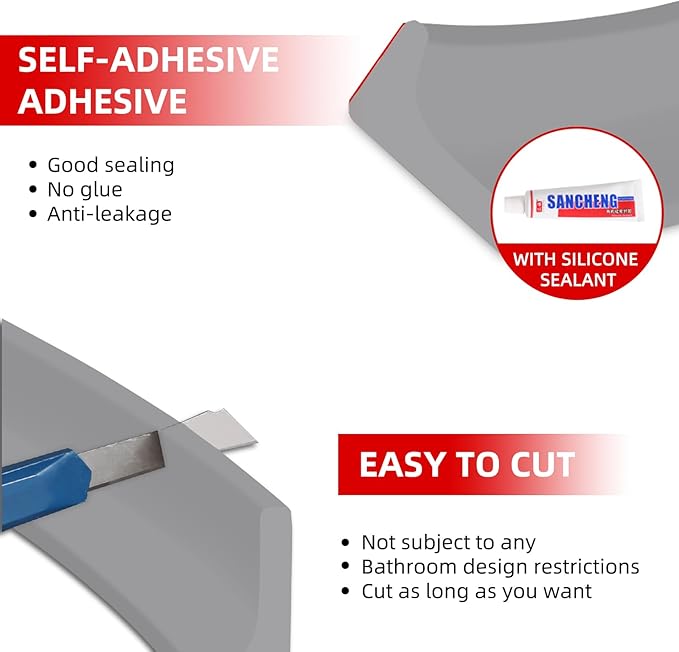 Shower Threshold Water Dam, 39" Gray Silicone Water Barrier Flexible Seal Strip, Self Adhesive Splash Guard for Sink, Shower, Bathtub