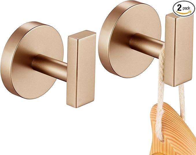 Bath Towel Hooks Wall Mount Robe Hook Stainless Steel Wall Hooks for Bathroom Kitchen Garage Door Hanger Champagne Bronze 2 Pack, AN1001CPG-P2