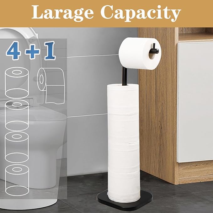 Toilet Paper Holder Stand, Free Standing Tissue Paper Storage for Bathroom, Stainless Steel Toilet Paper Stand with Reserve for 5 Roll Weighted Base Bathroom Toilet Roll Holder(Matte Black)