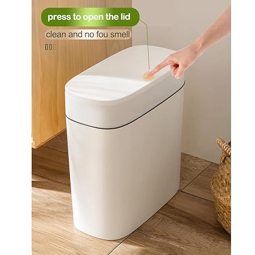 14 Litre Trash Can with Press Top Lid, 3.7 Gallons Plastic Garbage Bin, Slim Wastebasket for Bathroom, Kitchen, Toilet, Office, Room, Bedroom, White lid Without Brush