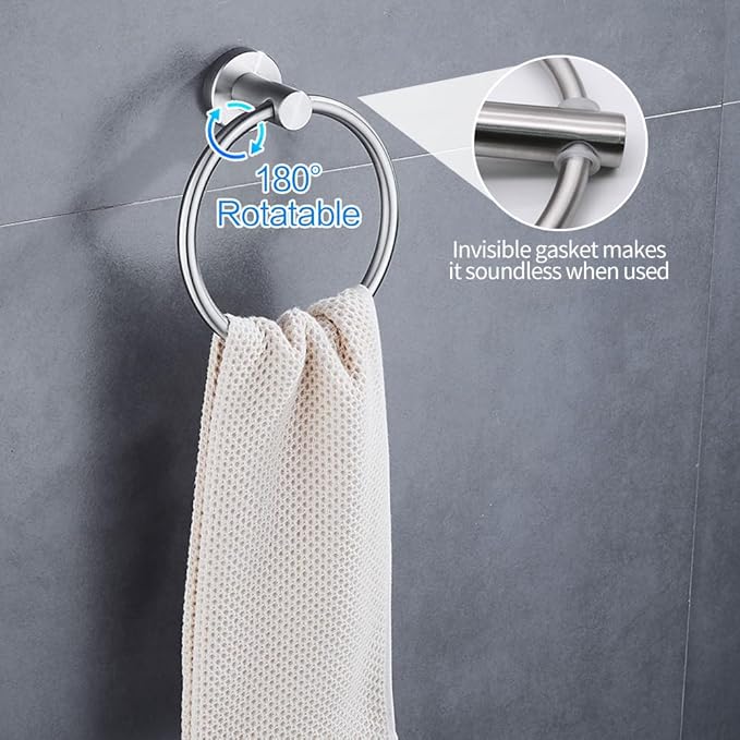 1pcs Toilet Paper Holder with Shelf, 1pcs Towel Ring and 4pcs Towel Hooks, Brushed Nickel Stainless Steel Bathroom Hardware Set