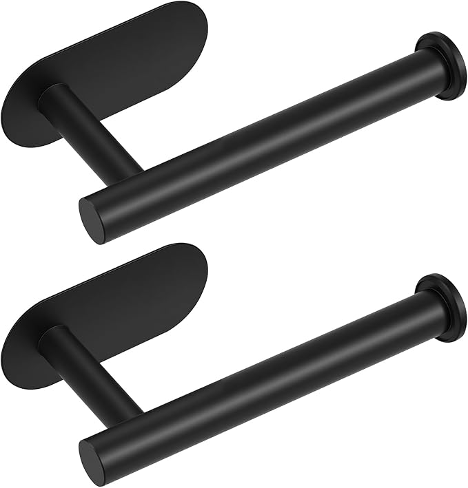 2 Pack Toilet Paper Holder, Adhesive Toilet Paper Holder Wall Mount, Premium Thicken SUS304 Stainless Steel, No Drilling Toilet Paper Stand Roll Holder for Bathroom Kitchen RV, Matte Black