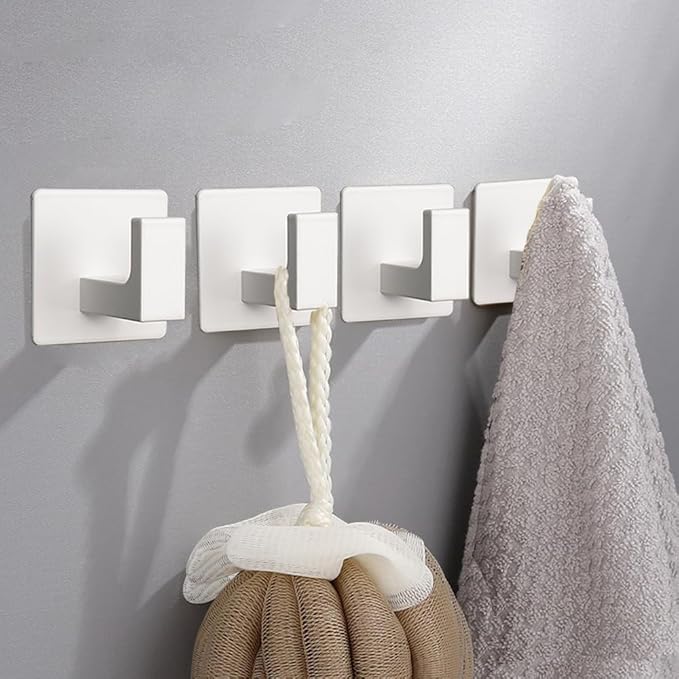 Bath Towel Hooks, 6 Pack Self Adhesive Square Coat Hooks, Sturdy No Drilling Robe Hook, Heavy Duty Aluminum Clothes Hanger, Wall Hooks for Bathroom Bedroom Kitchen (2 in, White)
