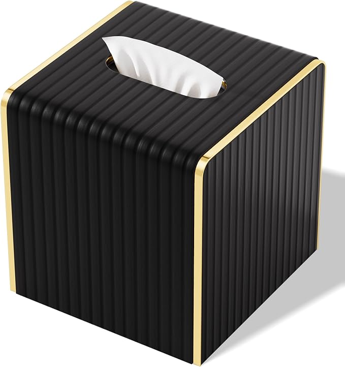 Tissue Box Cover,Black Square Luxury PU Leather Tissue Holder with Gold-Tone Edging Accents,Tissue Box Cover for Bathroom Toilet Bedroom Living Room Table Desk Office,Coffee Table Decor