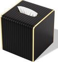 Tissue Box Cover,Black Square Luxury PU Leather Tissue Holder with Gold-Tone Edging Accents,Tissue Box Cover for Bathroom Toilet Bedroom Living Room Table Desk Office,Coffee Table Decor