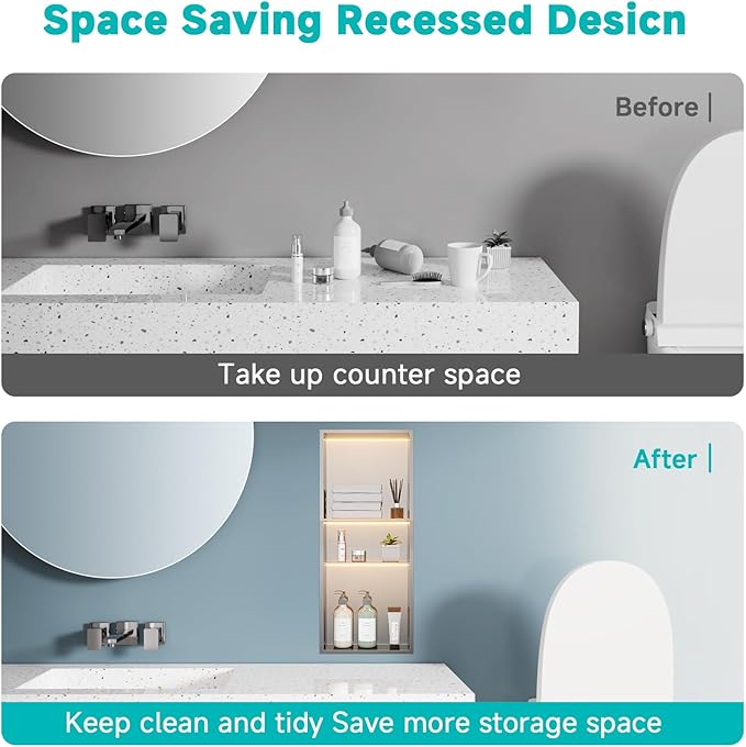 Stainless Steel LED Lights Shower Niche 12" x 30" – Recessed Wall Niche with 3-Tier Storage, Waterproof & Rustproof Modern Bathroom Shower Shelf (Brushed)