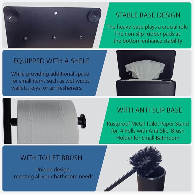 Black Freestanding Toilet Paper Holder with Brush | No Drill Bathroom Organizer Stand | Rustproof Metal Toilet Paper Stand with Anti-Slip Base and Storage & Brush Holder for Small Bathroom