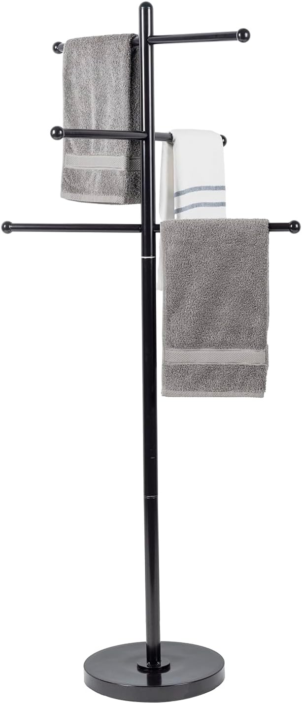 MyGift 6 Bar Free Standing Outdoor Pool Towel Rack, Modern Hot Tub Bathroom Accessories Storage Holder for Bath Towels, SPA & Poolside Towel Stand with Round Weighted Base (Dark Brown)