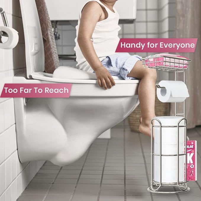 Mega Roll Toilet Paper Holder Stainless Steel Bathroom Tissue Holder Stand TP Dispenser with Phone/Wipe Shelf & Magazine Rack Free Standing-Chrome