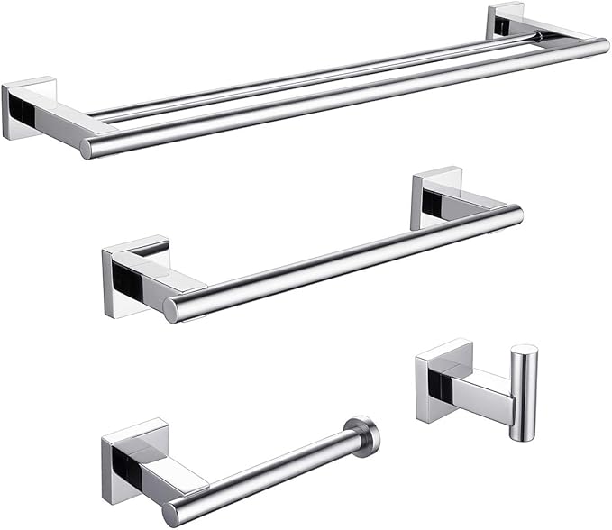 Miyili 4-Pieces Polished Stainless Steel Bathroom Hardware Set Wall Mounted - Includes Double Towel Bar, Hand Towel Rack, Toilet Paper Holder, Robe Hook, BS02C4