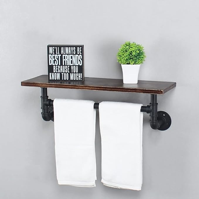 MBQQ Retro Black Shelving Bathroom Pipe Shelves with Towel Bar Over Toilet, 24 inch Pine Wood Floating Shelves for Wall Mounted Bedroom,Kitchen, Farmhouse, Living Room