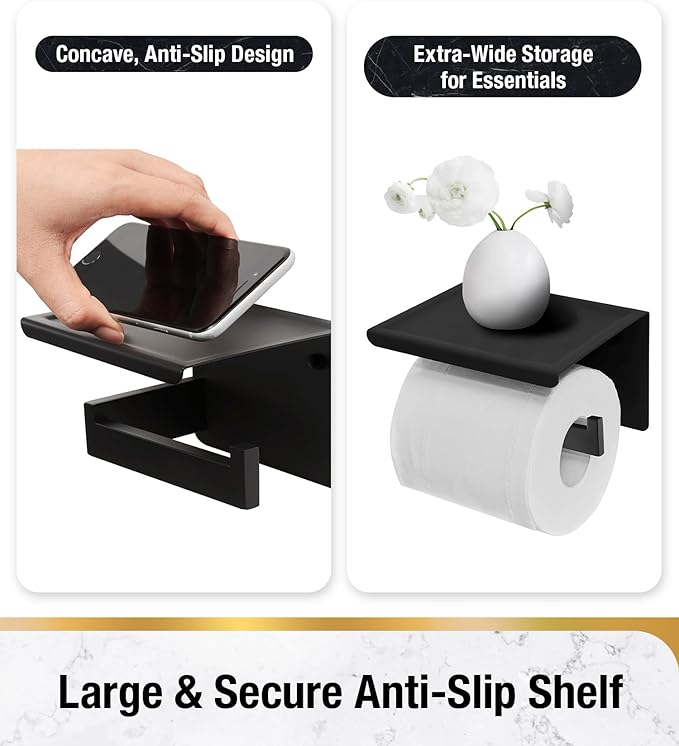 HITSLAM Toilet Paper Holder with Shelf, Stick on Matte Black Toilet Paper Roll Holder, Self Adhesive or Wall-Mount with Screws for Bathroom,Washroom