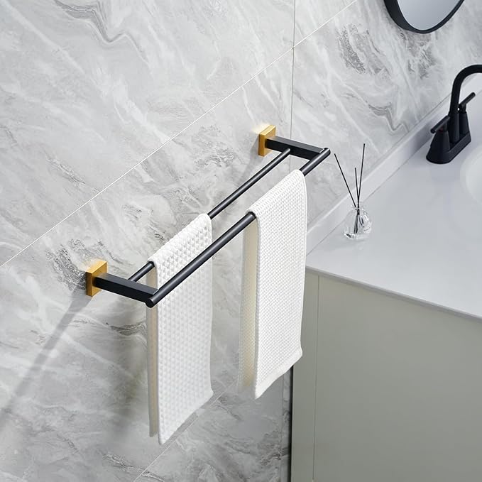 Miyili Double Bath Towel Bar 24-Inch SUS 304 Stainless Steel Towel Holder Rack for Bathroom Black & Gold, A02BG60B