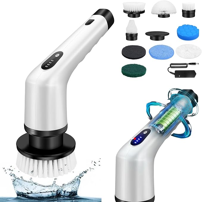 Electric Scrubbing Brush, Rechargeable Floor Scrubber 360 Degree Angle Adjustment Electric Cleaning Brush Scrubber with Detachable Extension Handle, 10 Drill Brush Head