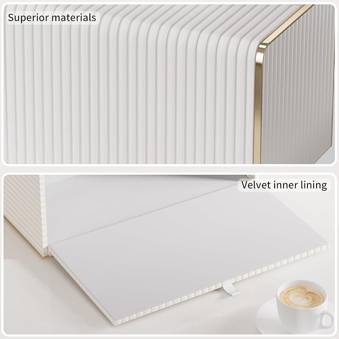 Extra Large Tissue Box Cover for Standard Size 180 to 230 Count Box of Tissues, PU Leather Rectangle Tissue Holder with Magnetic Closure， Gold-Tone Edging Decoration (Ivory)