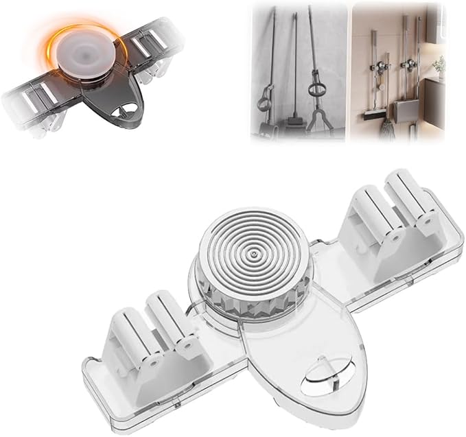 Broom Holder Mop Hanger, 2025 New No Drill Suction Cup Adjustable Organizer with Hooks, Space Saving Removable Wall Mount Organization Rack for Bathroom Kitchen Garage Laundry Room (1, White)
